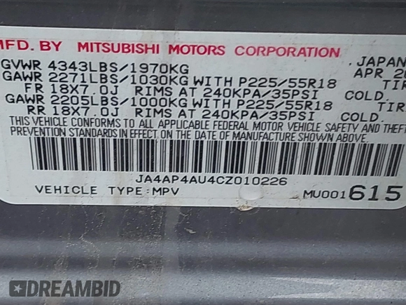 2012 Mitsubishi Outlander SE with VIN JA4AP4AU4CZ010226, listed as a IAAI auction lot 42255267 with 168,000 mi miles and . Bid and sale history available at DreamBid. Image 9.