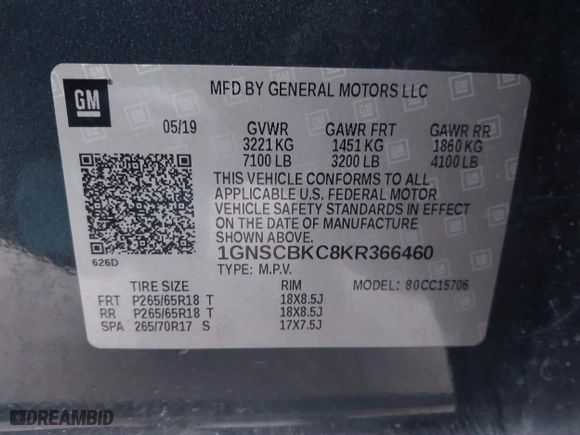2019 Chevrolet Tahoe LT with VIN 1GNSCBKC8KR366460, listed as a IAAI auction lot 41384327 with 76,861 mi miles. Bid and sale history available at carsss.com. Image 9.