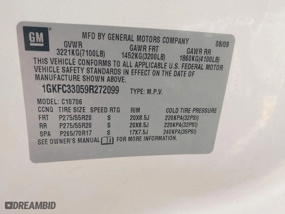 2009 GMC Yukon SLT w/4SB with VIN 1GKFC33059R272099, listed as a IAAI auction lot 41802785 with 240,081 mi miles. Bid and sale history available at carsss.com. Image 9.