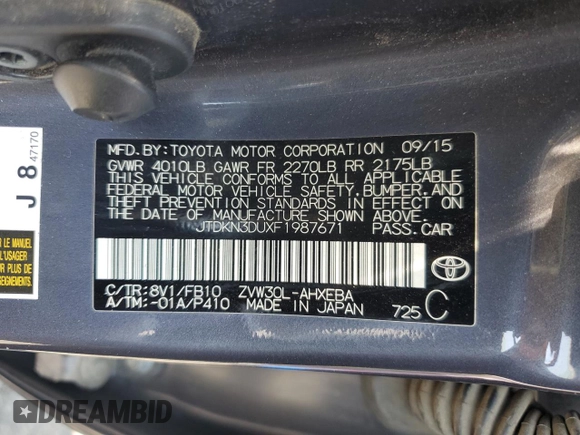 2015 Toyota Prius Four with VIN JTDKN3DUXF1987671, listed as a Copart auction lot 54265755 with 144,144 mi miles and Salvage title. Bid and sale history available at DreamBid. Image 14.
