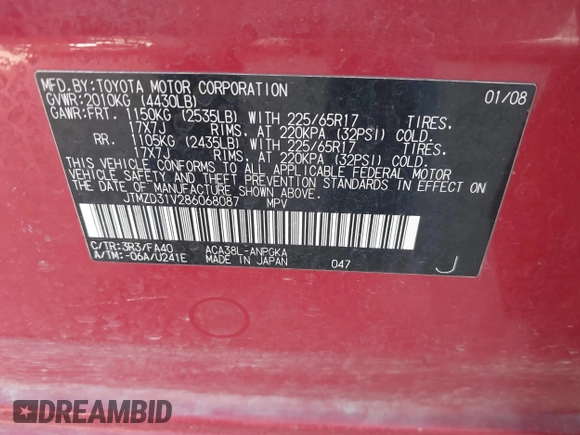2008 Toyota RAV4 Ltd with VIN JTMZD31V286068087, listed as a IAAI auction lot 41789694 with 142,950 mi miles. Bid and sale history available at carsss.com. Image 9.