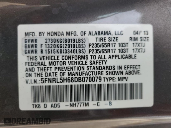 2013 Honda Odyssey EX-L with VIN 5FNRL5H68DB070079, listed as a Copart auction lot 52183895 with 173,428 mi miles and Clean title. Bid and sale history available at DreamBid. Image 14.