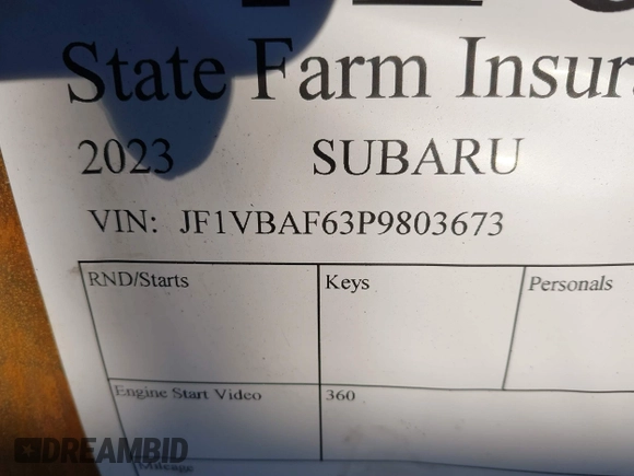 2023 Subaru WRX Premium with VIN JF1VBAF63P9803673, listed as a IAAI auction lot 41681340 with Not provided miles and . Bid and sale history available at DreamBid. Image 9.