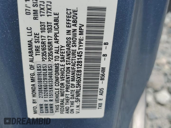 2014 Honda Odyssey EX-L with VIN 5FNRL5H6XEB128145, listed as a Copart auction lot 65729015 with 274,206 mi miles and Clean title. Bid and sale history available at DreamBid. Image 13.