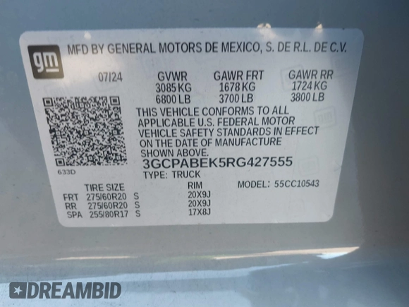 2024 Chevrolet Silverado 1500 Custom with VIN 3GCPABEK5RG427555, listed as a IAAI auction lot 41783357 with 5,921 mi miles and . Bid and sale history available at DreamBid. Image 9.