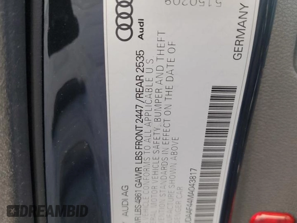 2021 Audi A4 S line Premium with VIN WAUDAAF44MA043817, listed as a Copart auction lot 83468064 with 29,218 mi miles and Clean Title. Bid and sale history available at DreamBid. Image 13.