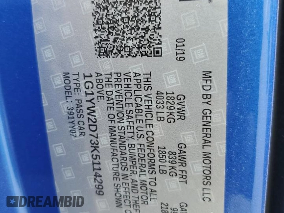 2019 Chevrolet Corvette Grand Sport 1LT with VIN 1G1YW2D73K5114299, listed as a Copart auction lot 48708685 with 56,131 mi miles and Salvage title. Bid and sale history available at DreamBid. Image 12.