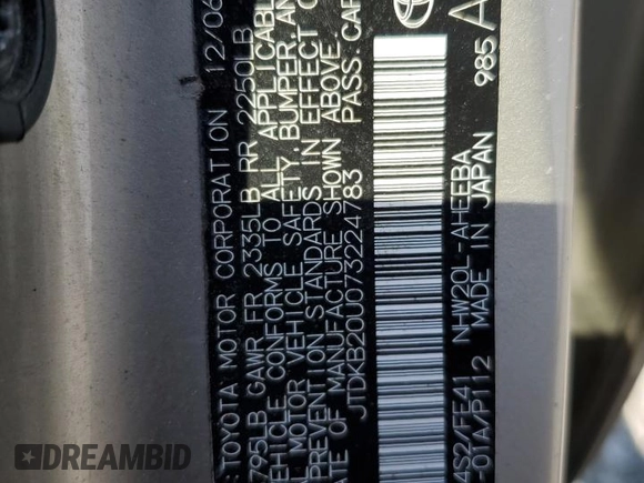 2007 Toyota Prius with VIN JTDKB20U073224783, listed as a Copart auction lot 55449725 with 250,888 mi miles and Clean Title. Bid and sale history available at carsss.com. Image 12.
