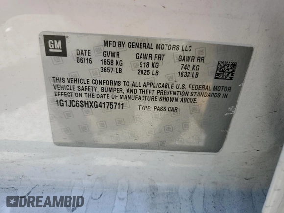 2016 Chevrolet Sonic LT z VIN 1G1JC6SHXG4175711, wystawiony jako Copart lot #55358605 z przebiegiem 59 422 mil mil oraz Szkoda całkowita • Salvage title. Historia ofert i sprzedaży dostępna na DreamBid. Obrazek 12.