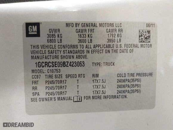 2011 Chevrolet Silverado 1500 LT with VIN 1GCRCSE09BZ423063, listed as a IAAI auction lot 41486593 with 390,292 mi miles. Bid and sale history available at carsss.com. Image 9.