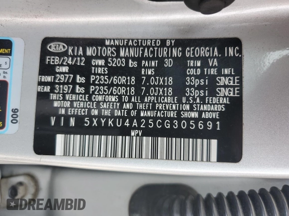 2012 Kia Sorento EX with VIN 5XYKU4A25CG305691, listed as a Copart auction lot 49733515 with 204,552 mi miles and Salvage Title. Bid and sale history available at carsss.com. Image 14.