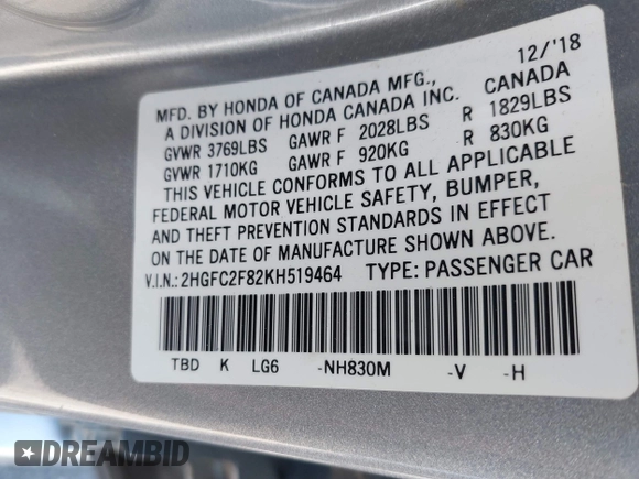 2019 Honda Civic Sedan Sport with VIN 2HGFC2F82KH519464, listed as a IAAI auction lot 41940030 with 59,718 mi miles. Bid and sale history available at carsss.com. Image 9.