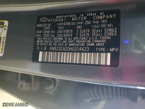 2017 Hyundai Tucson Sport with VIN KM8J3CA20HU314423, listed as a Copart auction lot 49558715 with 83,790 mi miles and Clean Title. Bid and sale history available at carsss.com. Image 12.