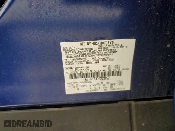2013 Ford Taurus Limited with VIN 1FAHP2F83DG232957, listed as a Copart auction lot 57865385 with 114,299 mi miles and Salvage title. Bid and sale history available at DreamBid. Image 12.