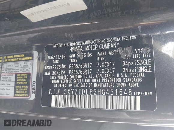 2017 Hyundai Santa Fe 2.4L с VIN 5XYZTDLB2HG451648, выставлен на аукционе IAAI как лот 42380301 с пробегом 156 687 миль миль и . История ставок и продаж доступна на DreamBid. Изображение 9.