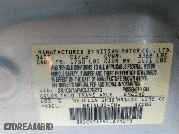 2012 Nissan Versa SV with VIN 3N1CN7AP4CL879273, listed as a IAAI auction lot 41316515 with 104,147 mi miles. Bid and sale history available at carsss.com. Image 9.