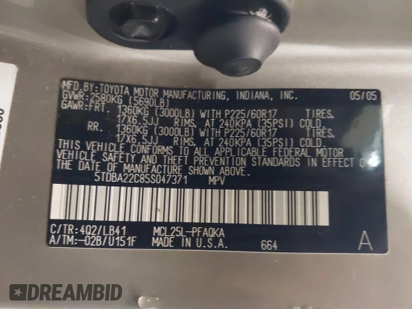 2005 Toyota Sienna XLE with VIN 5TDBA22C85S047371, listed as a IAAI auction lot 41591534 with 185,209 mi miles and . Bid and sale history available at DreamBid. Image 9.