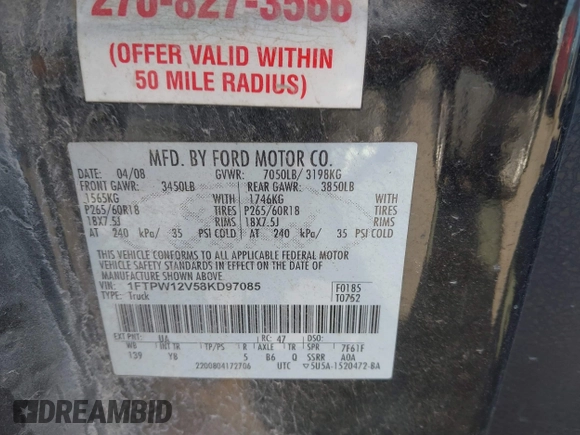 2008 Ford F-150 XLT с VIN 1FTPW12V58KD97085, выставлен на аукционе IAAI как лот 41658847 с пробегом 259 365 миль миль и . История ставок и продаж доступна на DreamBid. Изображение 9.