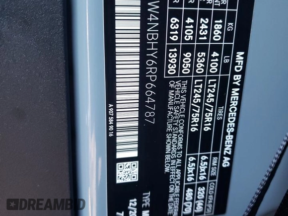 2024 Mercedes-Benz Sprinter Cargo with VIN W1W4NBHY6RP664787, listed as a Copart auction lot 89379995 with 1,366 mi miles and Salvage Title. Bid and sale history available at carsss.com. Image 12.