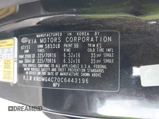 2012 Kia Sedona LX with VIN KNDMG4C70C6443196, listed as a IAAI auction lot 41895806 with 1 mi miles. Bid and sale history available at carsss.com. Image 9.