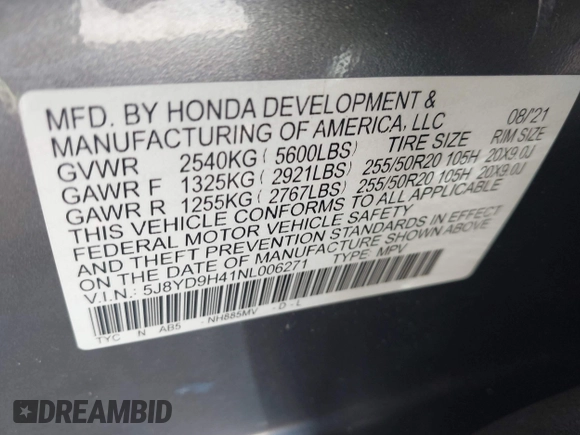 2022 Acura MDX Technology with VIN 5J8YD9H41NL006271, listed as a IAAI auction lot 42602014 with 59,338 mi miles and . Bid and sale history available at DreamBid. Image 9.