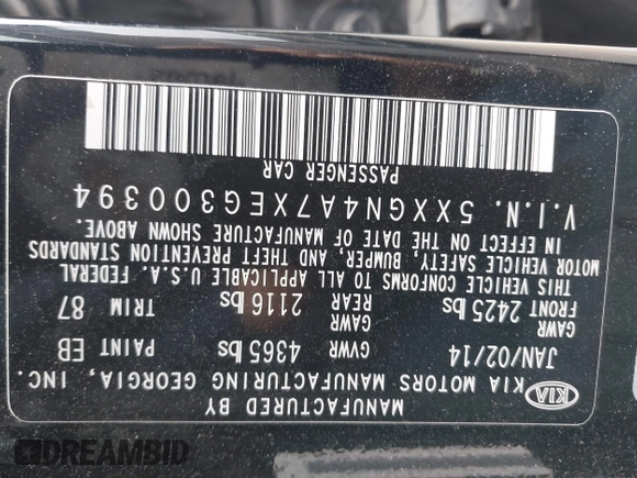 2014 Kia Optima EX with VIN 5XXGN4A7XEG300394, listed as a IAAI auction lot 42117331 with 139,986 mi miles and . Bid and sale history available at carsss.com. Image 9.