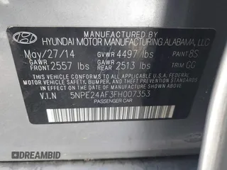 2015 Hyundai Sonata SE with VIN 5NPE24AF3FH007353, listed as a IAAI auction lot 42103884 with 214,828 mi miles and . Bid and sale history available at DreamBid. Image 9.