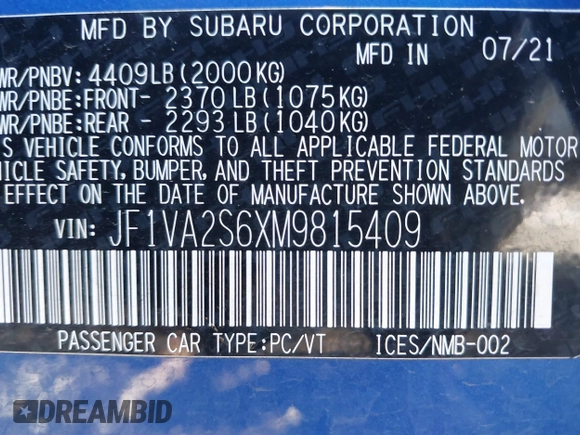 2021 Subaru WRX STI with VIN JF1VA2S6XM9815409, listed as a IAAI auction lot 41413955 with 18,077 mi miles. Bid and sale history available at carsss.com. Image 9.
