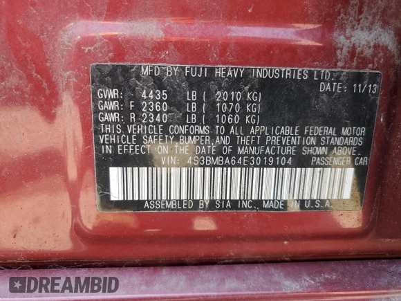 2014 Subaru Legacy 2.5i with VIN 4S3BMBA64E3019104, listed as a Copart auction lot 63196335 with 229,001 mi miles and Salvage title. Bid and sale history available at DreamBid. Image 12.