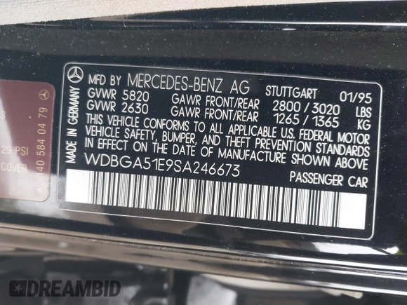 1995 Mercedes-Benz S with VIN WDBGA51E9SA246673, listed as a IAAI auction lot 41319603 with Not Provided miles and . Bid and sale history available at DreamBid. Image 9.