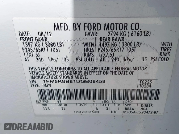 2013 Ford Explorer с VIN 1FM5K8B81DGB08458, выставлен на аукционе IAAI как лот 42171409 с пробегом 155 911 миль миль и . История ставок и продаж доступна на DreamBid. Изображение 9.