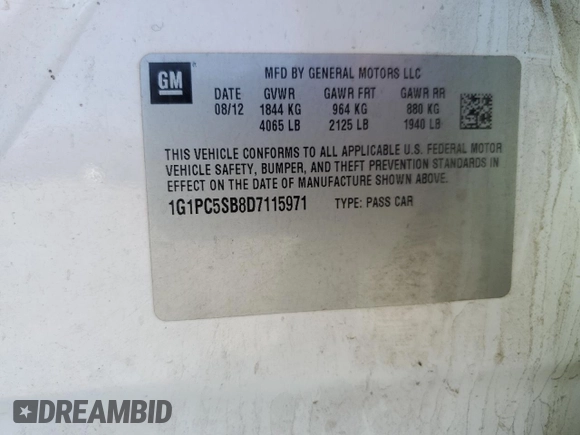 2013 Chevrolet Cruze 1LT with VIN 1G1PC5SB8D7115971, listed as a Copart auction lot 52762865 with 210,352 mi miles and Salvage Title. Bid and sale history available at carsss.com. Image 12.