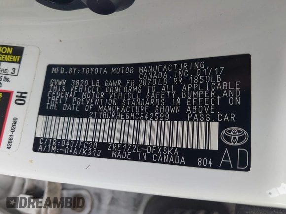 2017 Toyota Corolla L with VIN 2T1BURHE6HC842599, listed as a IAAI auction lot 42167623 with 71,130 mi miles and . Bid and sale history available at DreamBid. Image 9.