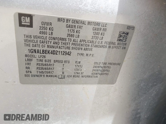 2013 Chevrolet Equinox LS with VIN 1GNALBEK4DZ112942, listed as a IAAI auction lot 42084705 with Not Provided miles and . Bid and sale history available at DreamBid. Image 9.