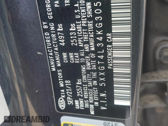 2019 Kia Optima LX with VIN 5XXGT4L34KG305263, listed as a Copart auction lot 52525685 with 87,438 mi miles and Salvage Title. Bid and sale history available at carsss.com. Image 13.