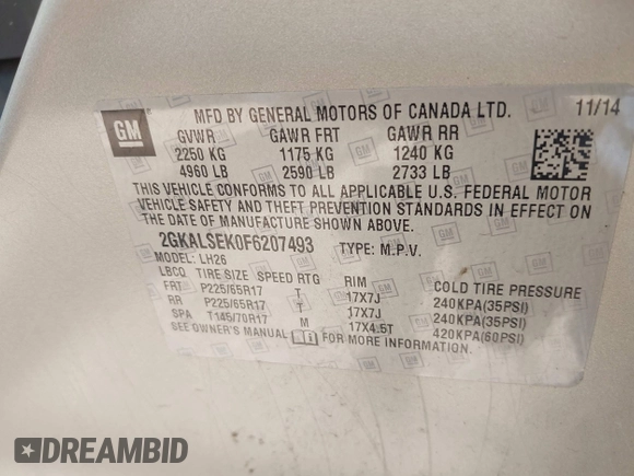 2015 GMC Terrain SLT with VIN 2GKALSEK0F6207493, listed as a IAAI auction lot 42511008 with 104,823 mi miles and . Bid and sale history available at DreamBid. Image 9.