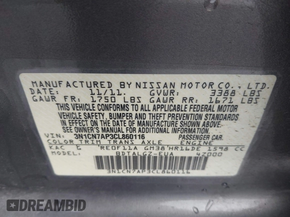 2012 Nissan Versa SV with VIN 3N1CN7AP3CL860116, listed as a IAAI auction lot 42329920 with 105,447 mi miles and . Bid and sale history available at DreamBid. Image 9.