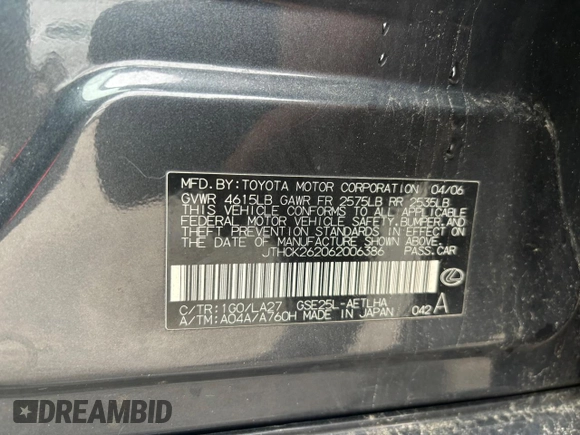 2006 Lexus IS 250 with VIN JTHCK262062006386, listed as a Copart auction lot 52054335 with 194,983 mi miles and Clean Title. Bid and sale history available at DreamBid. Image 10.