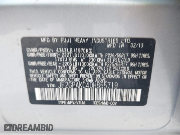2013 Subaru Crosstrek Limited с VIN JF2GPAKC4DH855719, выставлен на аукционе IAAI как лот 42160869 с пробегом 112 423 миль миль и . История ставок и продаж доступна на DreamBid. Изображение 9.