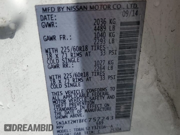 2015 Nissan Rogue SV with VIN 5N1AT2MT8FC757243, listed as a Copart auction lot 54498725 with 290,461 mi miles and Salvage Title. Bid and sale history available at carsss.com. Image 13.