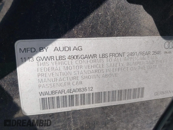 2014 Audi A4 Premium with VIN WAUBFAFL4EA083512, listed as a IAAI auction lot 42162290 with 192,786 mi miles. Bid and sale history available at carsss.com. Image 9.