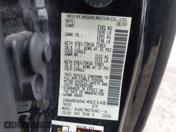 2010 Nissan Frontier SE with VIN 1N6AD0CW5AC402148, listed as a IAAI auction lot 42326274 with 144,193 mi miles and . Bid and sale history available at DreamBid. Image 9.