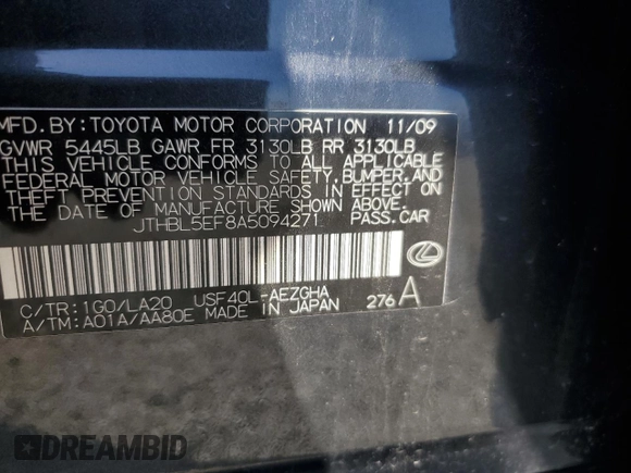 2010 Lexus LS 460 with VIN JTHBL5EF8A5094271, listed as a Copart auction lot 50662095 with 172,225 mi miles and Salvage Title. Bid and sale history available at DreamBid. Image 12.