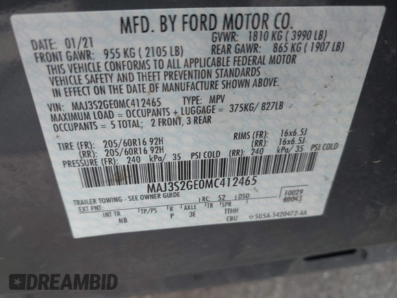 2021 Ford EcoSport SE z VIN MAJ3S2GE0MC412465, wystawiony jako IAAI lot #41899486 z przebiegiem 76 681 mil mil oraz . Historia ofert i sprzedaży dostępna na DreamBid. Obrazek 9.