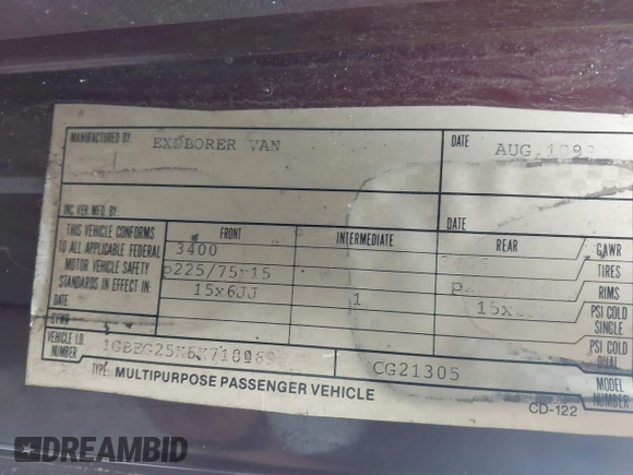 1989 Chevrolet Chevy Van z VIN 1GBEG25K5K7184695, wystawiony jako IAAI lot #42432728 z przebiegiem 945 928 mil mil oraz . Historia ofert i sprzedaży dostępna na DreamBid. Obrazek 9.
