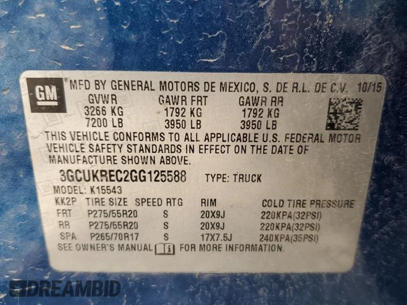 2016 Chevrolet Silverado 1500 LT with VIN 3GCUKREC2GG125588, listed as a Copart auction lot 64589384 with Not Provided miles and Salvage Title. Bid and sale history available at DreamBid. Image 14.