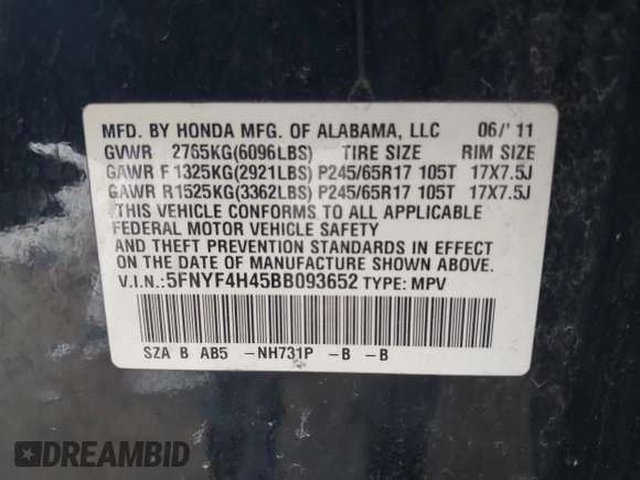 2011 Honda Pilot EX with VIN 5FNYF4H45BB093652, listed as a IAAI auction lot 41872586 with 213,125 mi miles. Bid and sale history available at carsss.com. Image 9.