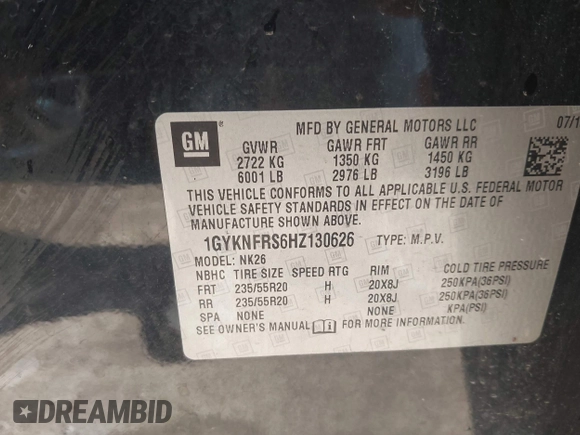 2017 Cadillac XT5 Platinum AWD with VIN 1GYKNFRS6HZ130626, listed as a IAAI auction lot 42470536 with 128,129 mi miles and . Bid and sale history available at DreamBid. Image 9.
