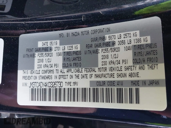 2019 Mazda CX-9 Grand Touring with VIN JM3TCADY4K0326730, listed as a IAAI auction lot 41745638 with 107,137 mi miles. Bid and sale history available at carsss.com. Image 9.