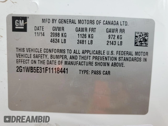 2015 Chevrolet Impala LT с VIN 2G1WB5E31F1118441, выставлен на аукционе Copart как лот 57600625 с пробегом 208 681 миль миль и Чистый • Clean title. История ставок и продаж доступна на DreamBid. Изображение 12.